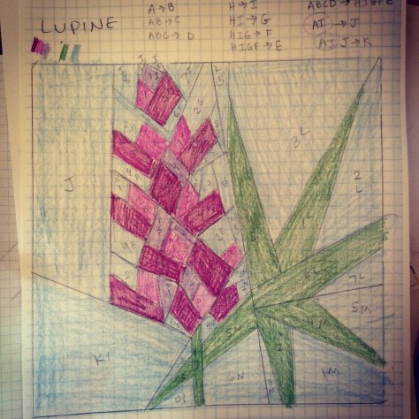 My latest paper piecing pattern-in-progress. Lupine are gorgeous wildflowers ubiquitous in Maine.