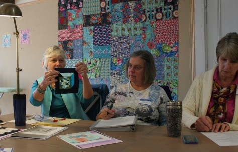 Karen shows her November BOM block samples.