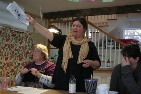 Rhea discussing her fabric choices.