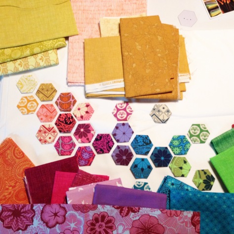 evolution of a modern hexies mini quilt