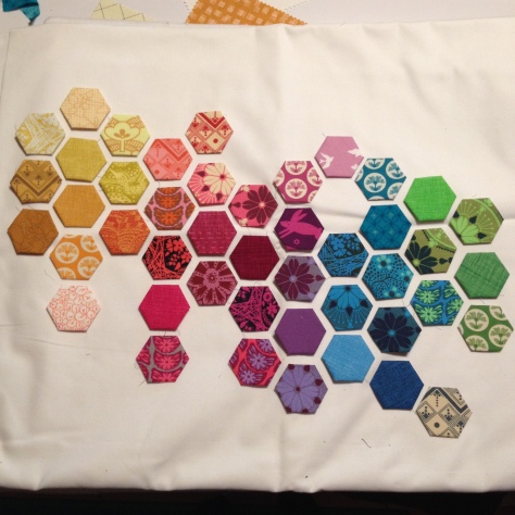 evolution of a modern hexies mini quilt