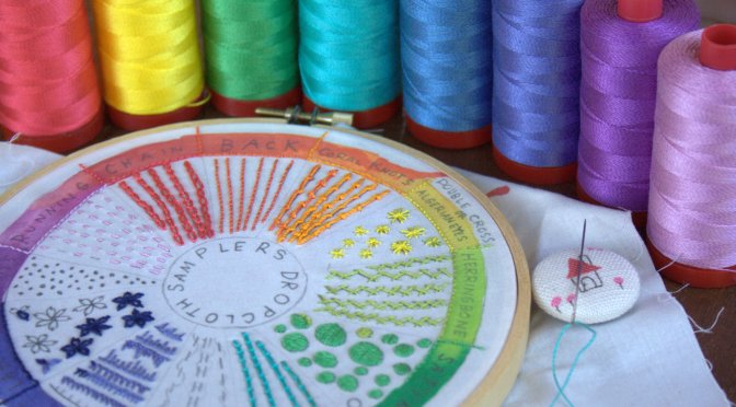 dropcloth rainbow wheel embroidery sampler and 12wt aurifil