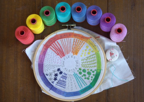 dropcloth rainbow wheel embroidery sampler and 12wt aurifil