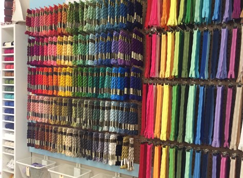 clementine rainbow wall of zippers and perle cotton