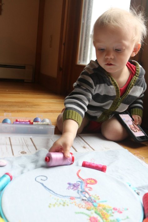 Finn helping me with thread positioning