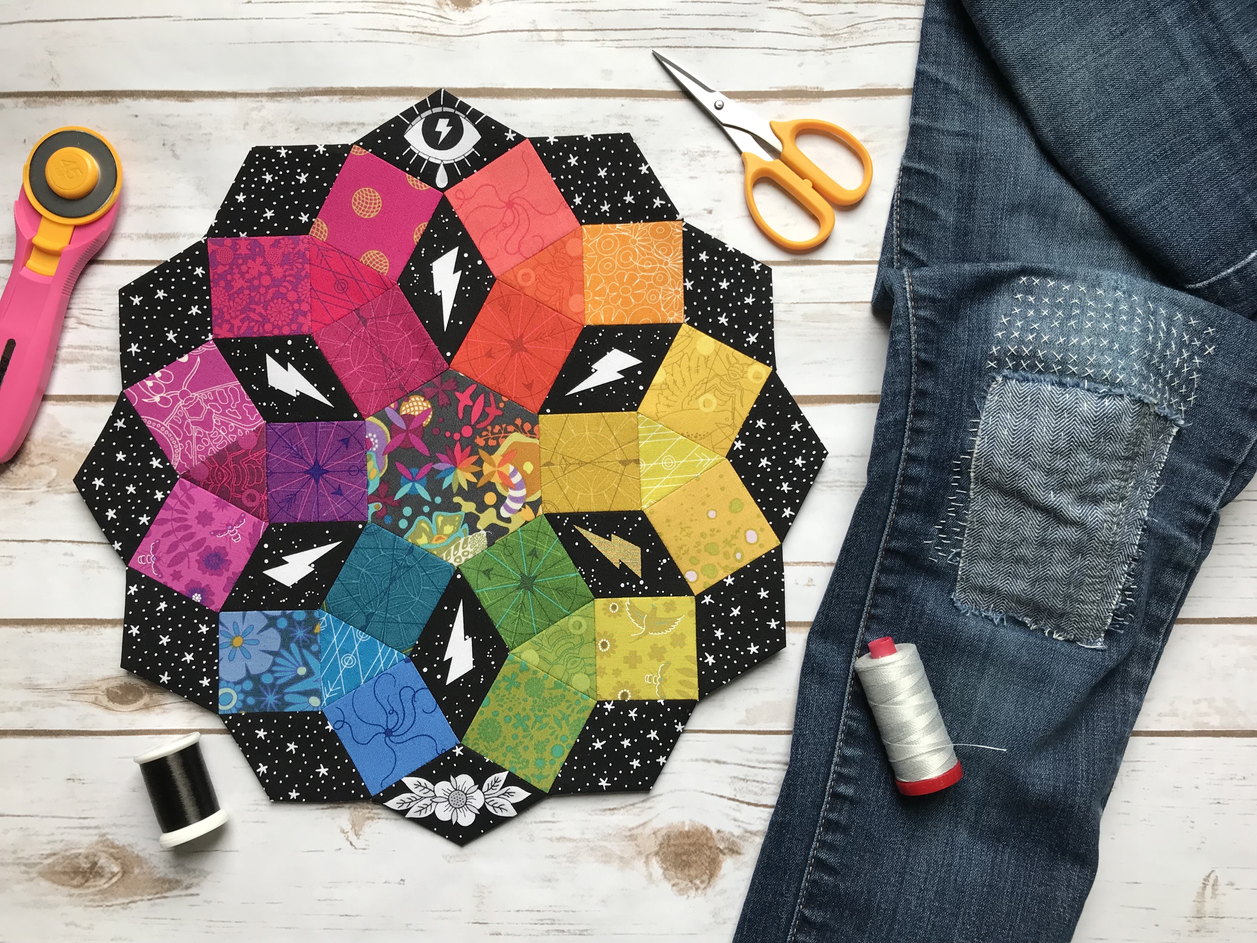 travel stitching progress EPP and visible mending