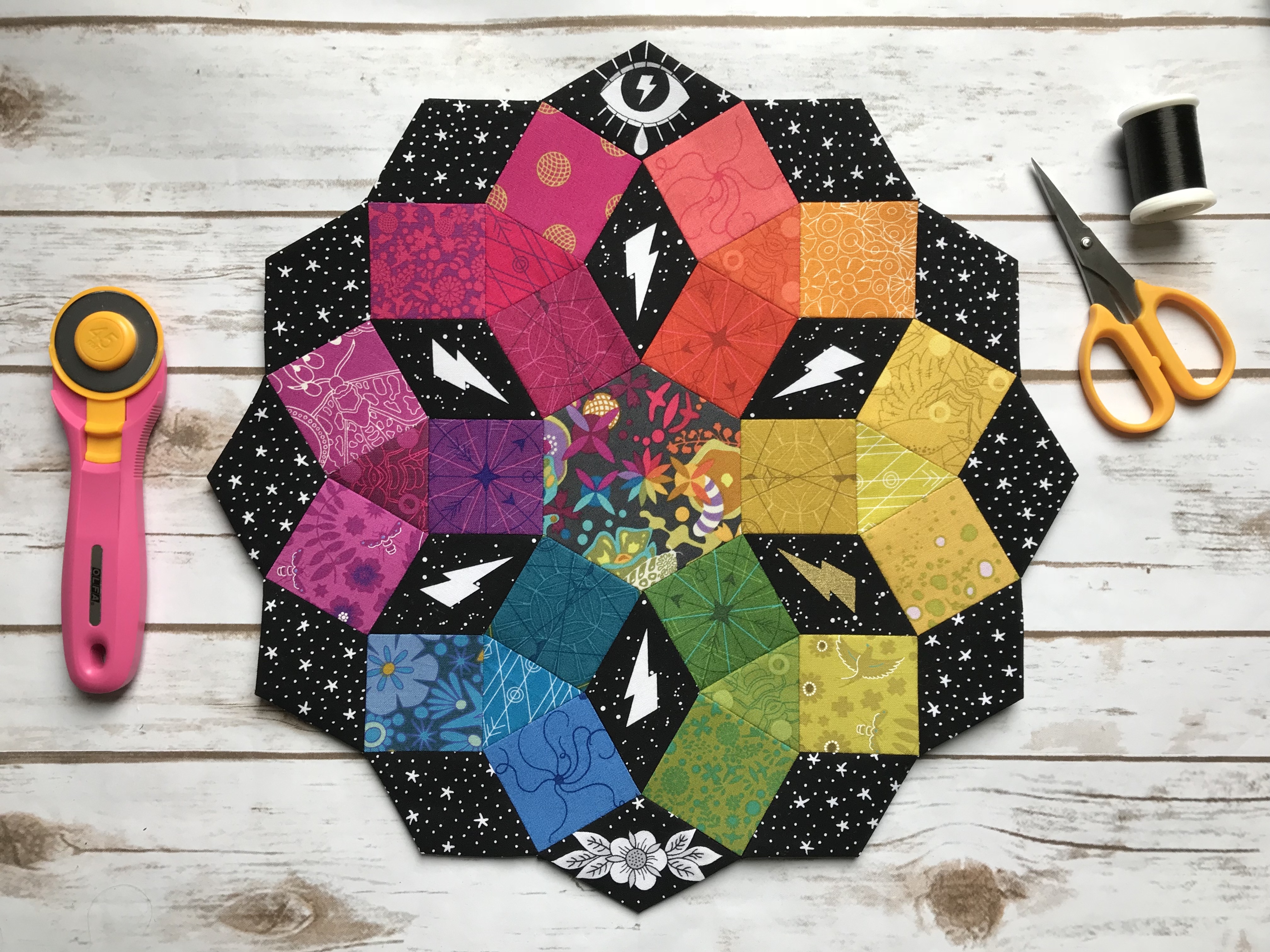 travel stitching progress EPP mandolin quilt block